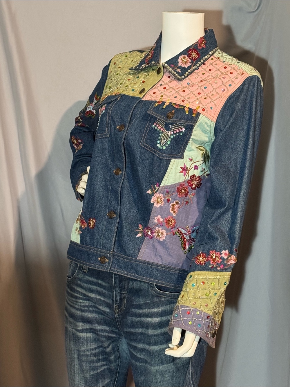 VTG Carrie Allen Patchwork Denim Jacket M Embellished Wearable Art Y2K Boho - Picture 3 of 15